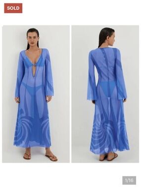 Blue Long Sleeve Sheer Cover-Up Dress - Women's Swim